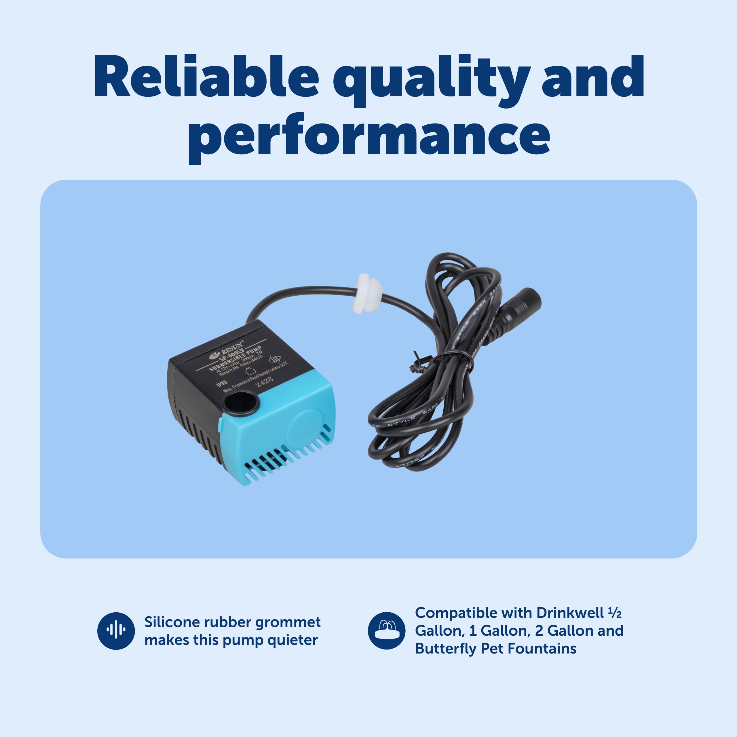 PetSafe Drinkwell compact-fit pump highlighting slim form for compatible fountains