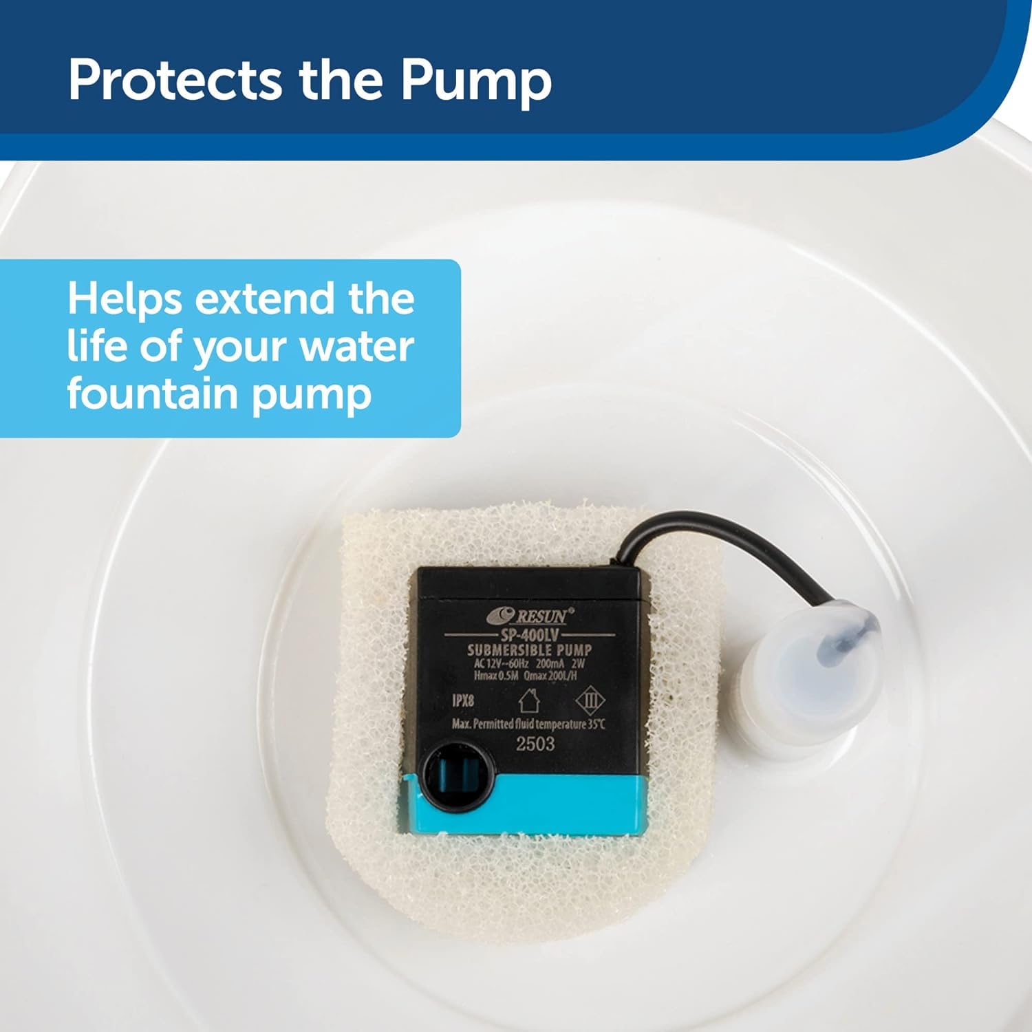 Foam filter pre-filters protect the pump and keep water cleaner for pets.