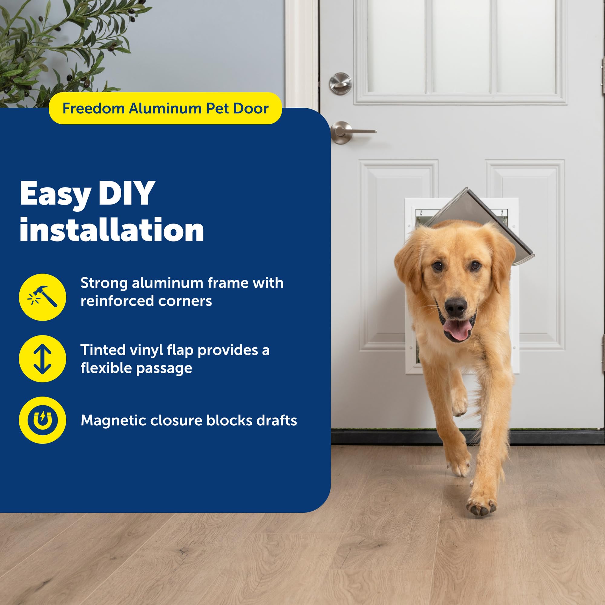 PetSafe Freedom aluminum door frame close-up shows reinforced corners for robustness.
