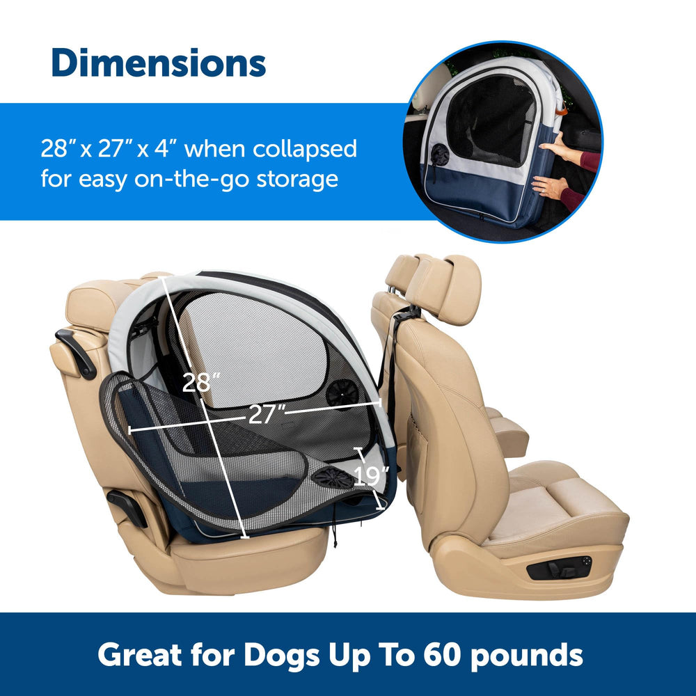 PetSafe Happy Ride car travel setup showing secure placement with seat belt slits