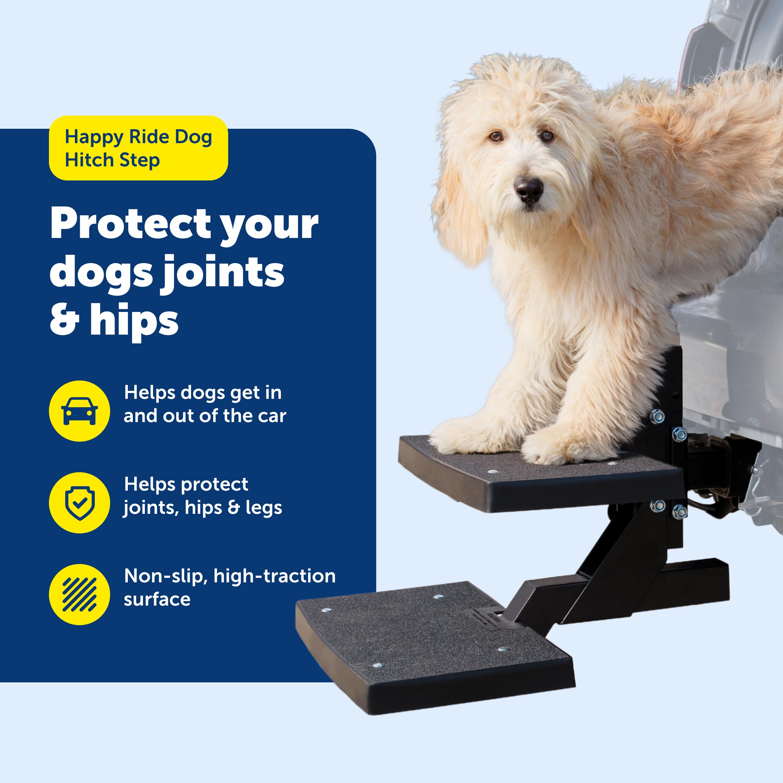 Petsafe Happy Ride PupSTEP supports dogs up to 200 lbs for sturdy access.