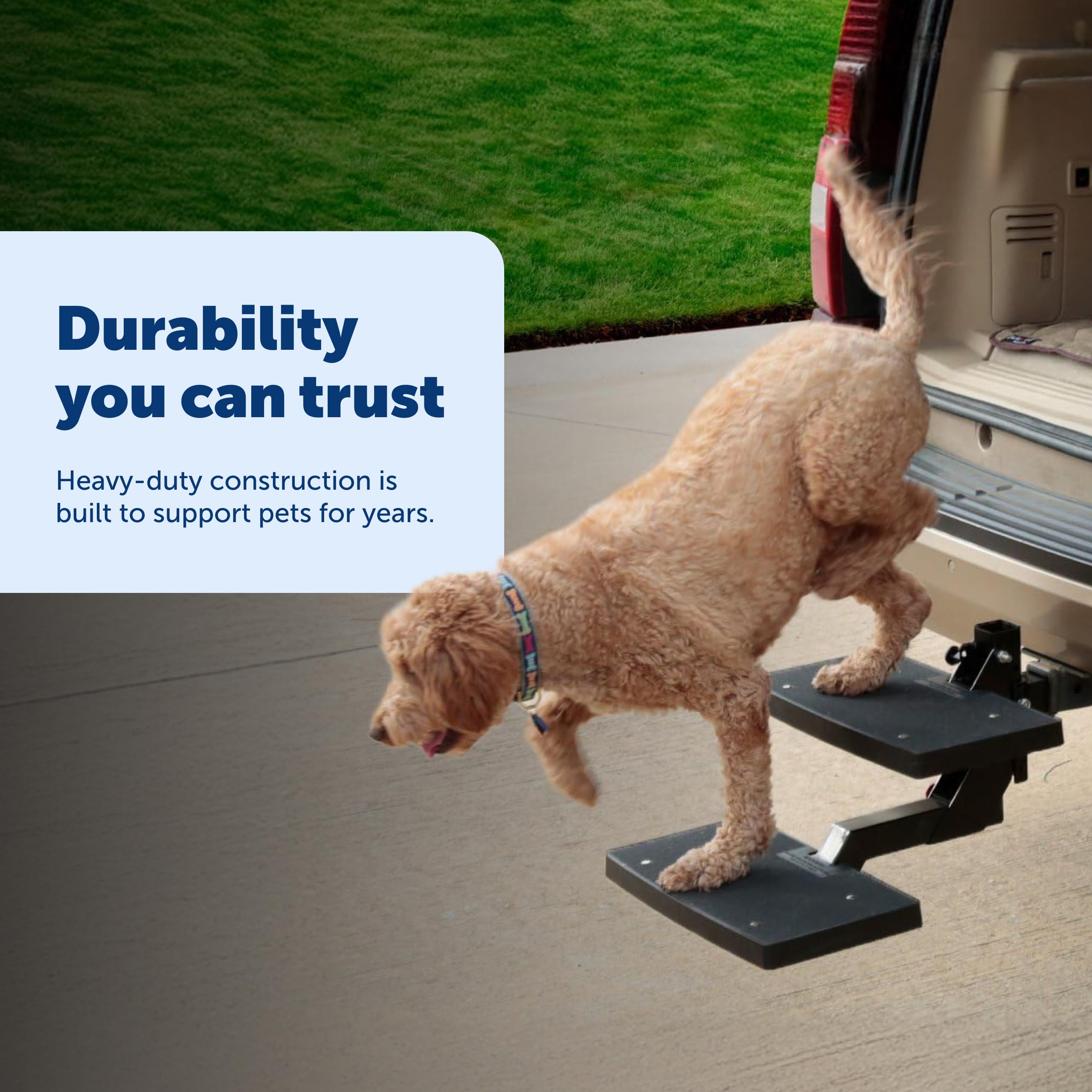 Dogs confidently enter and exit with PupSTEP during trips and errands.
