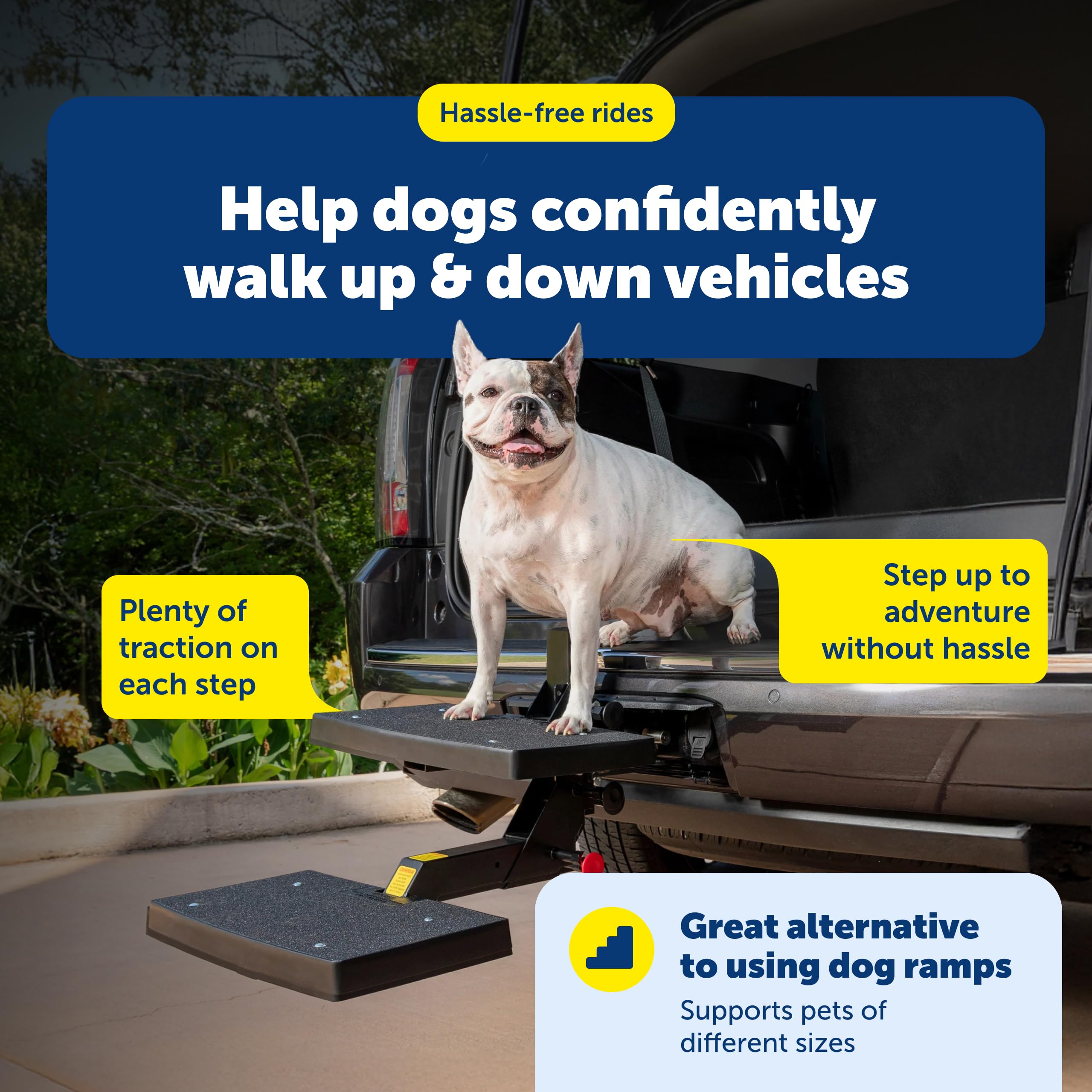 PupSTEP folds flat on the hitch for compact storage during travel.