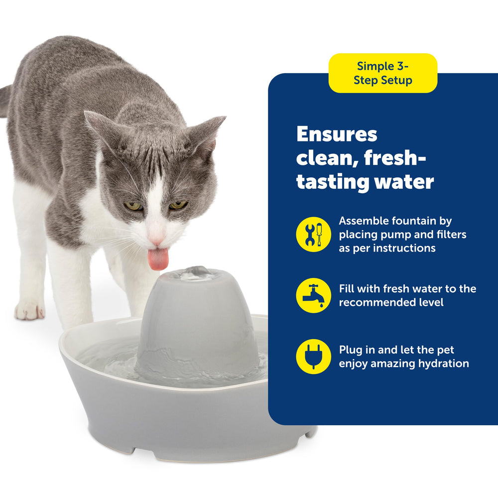 Modern compact design of the PetSafe fountain fits small spaces.