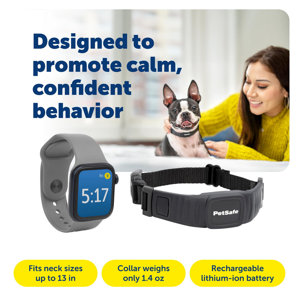 PetSafe NanoBark adjustable neck-fit image highlights 6-13 inch range for sizing.