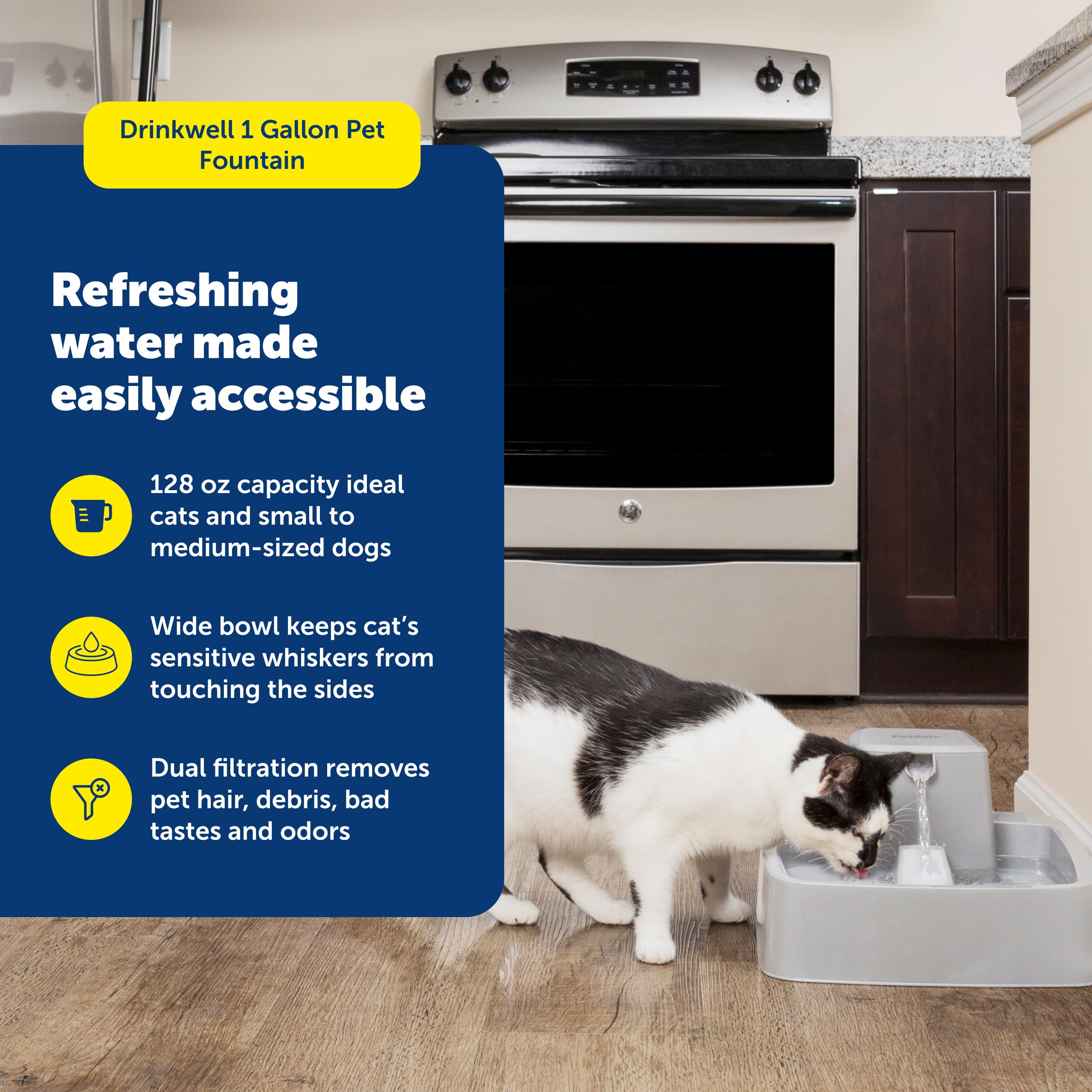PetSafe Oasys 1 Gallon features a large whisker-friendly bowl for comfortable drinking.