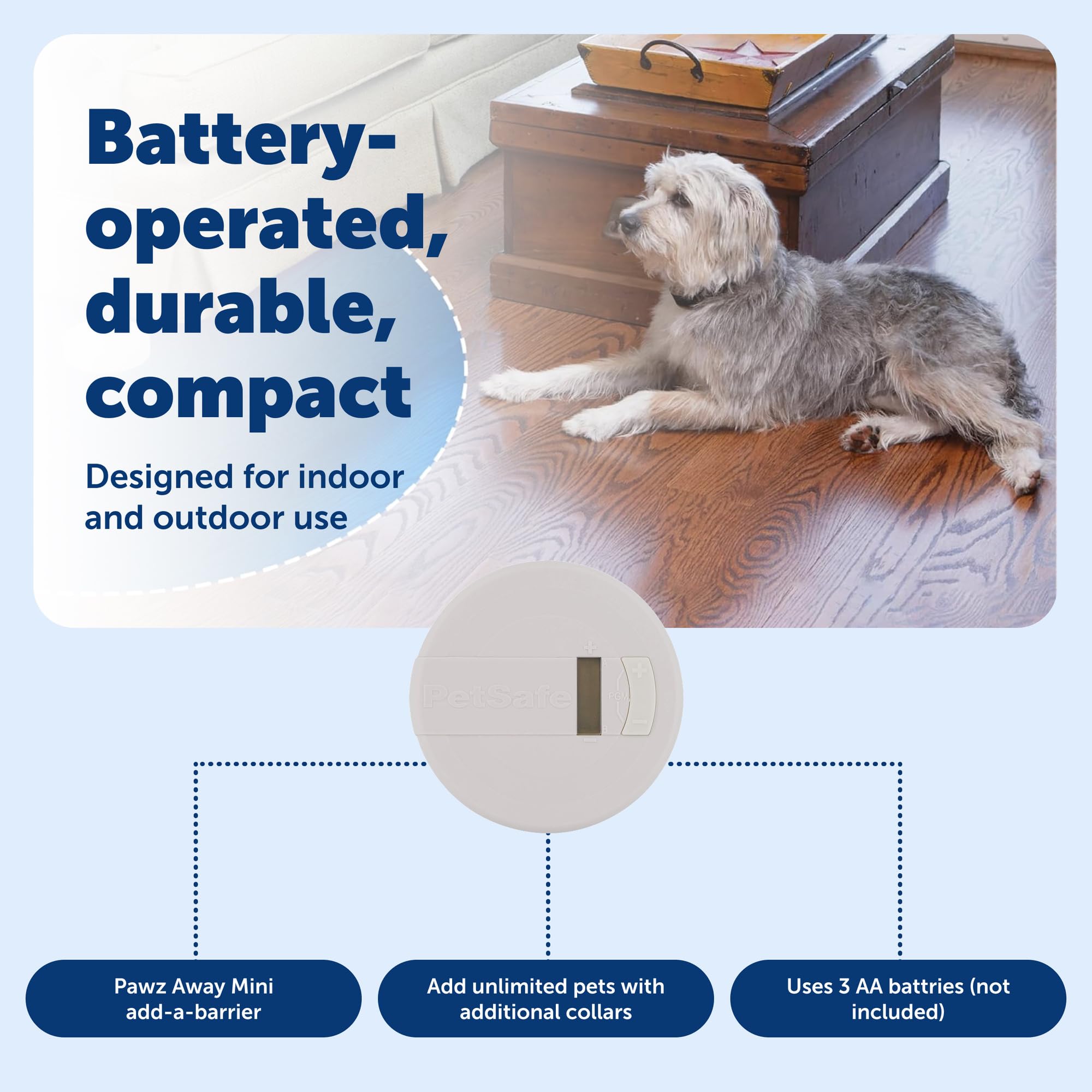 PetSafe Pawz Away Mini supports multi-zone use with add-on barriers.