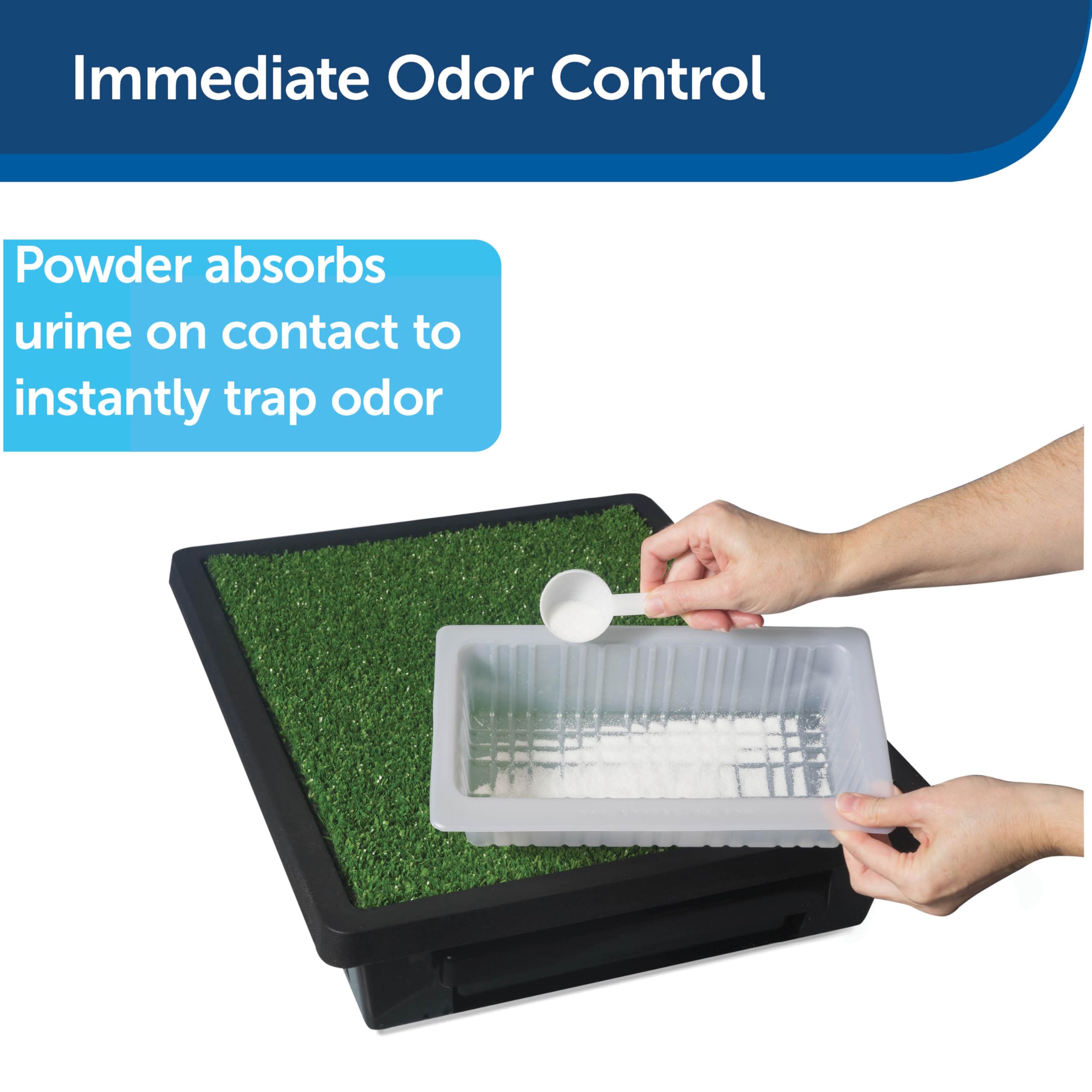 Wee Sponge powder bottle with Pee-Pod demonstrating odor absorption.
