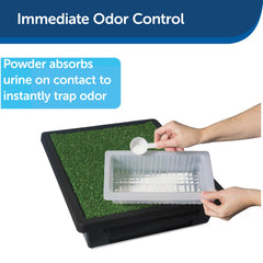 Wee Sponge powder bottle with Pee-Pod demonstrating odor absorption.