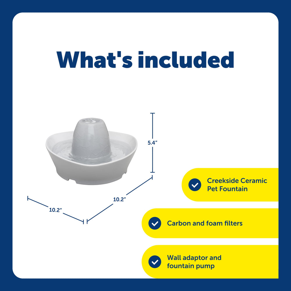PetSafe fountain includes pump and carbon filter for continuous clean water.