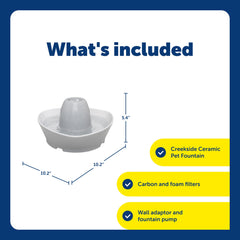 PetSafe fountain includes pump and carbon filter for continuous clean water.