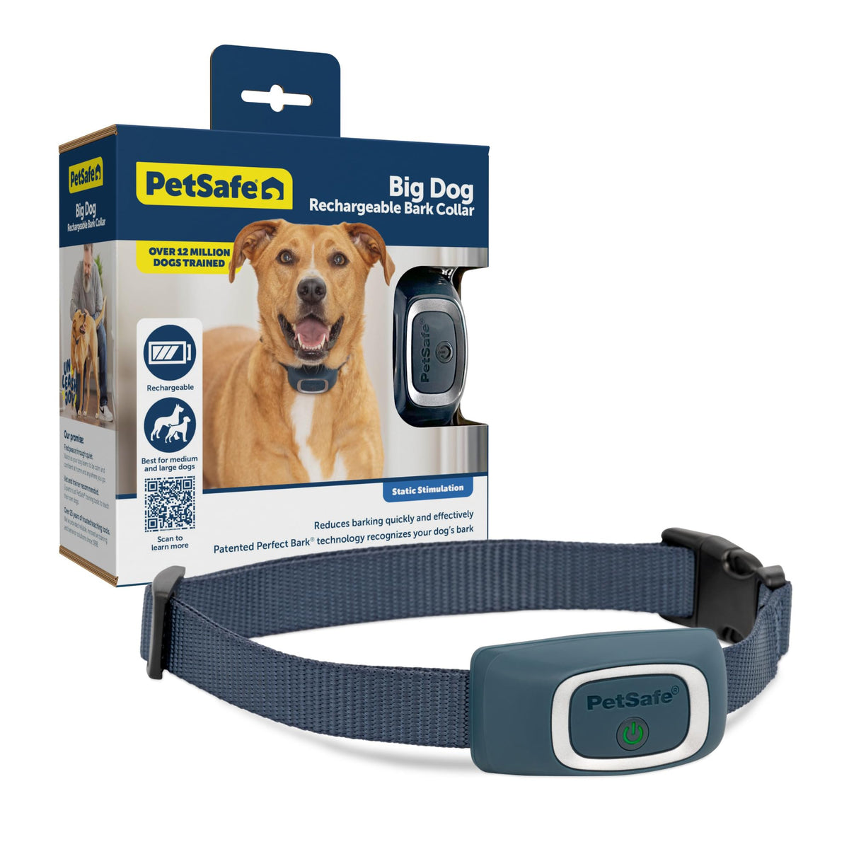 PetSafe Rechargeable Bark Collar worn on a dog for calm training and neighbor-friendly evenings.