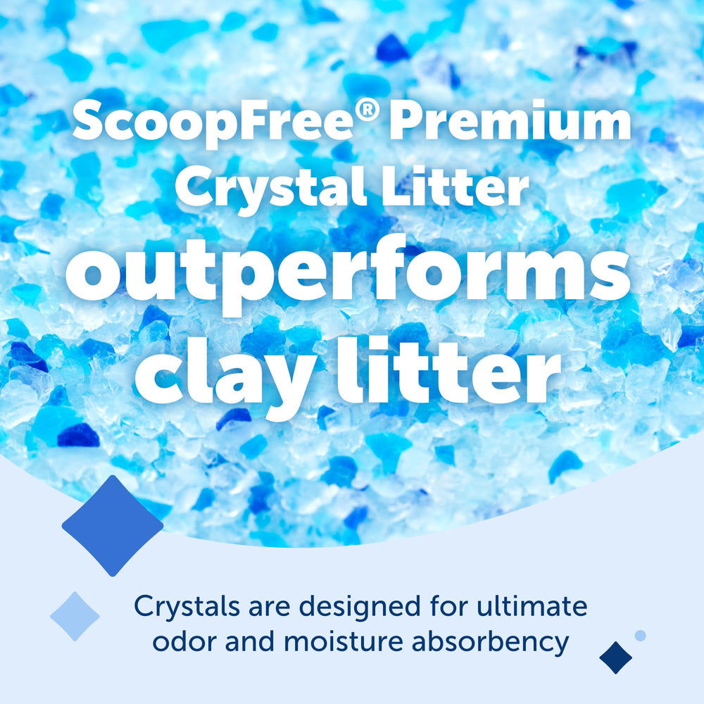 PetSafe ScoopFree crystal litter shows 99% dust-free performance for easy upkeep.