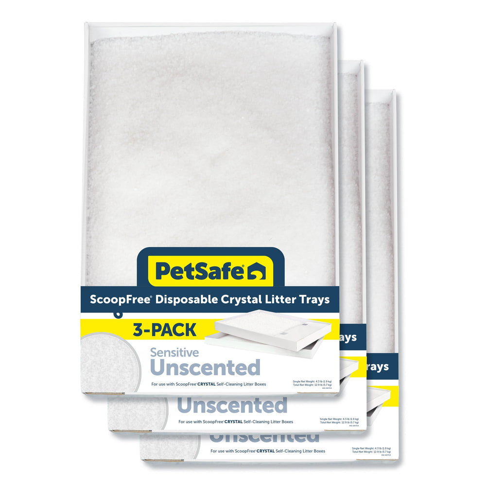 PetSafe ScoopFree crystal litter tray with lid for easy disposal and leak protection.