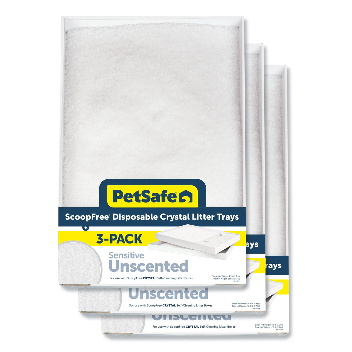 PetSafe ScoopFree crystal litter tray with lid for easy disposal and leak protection.