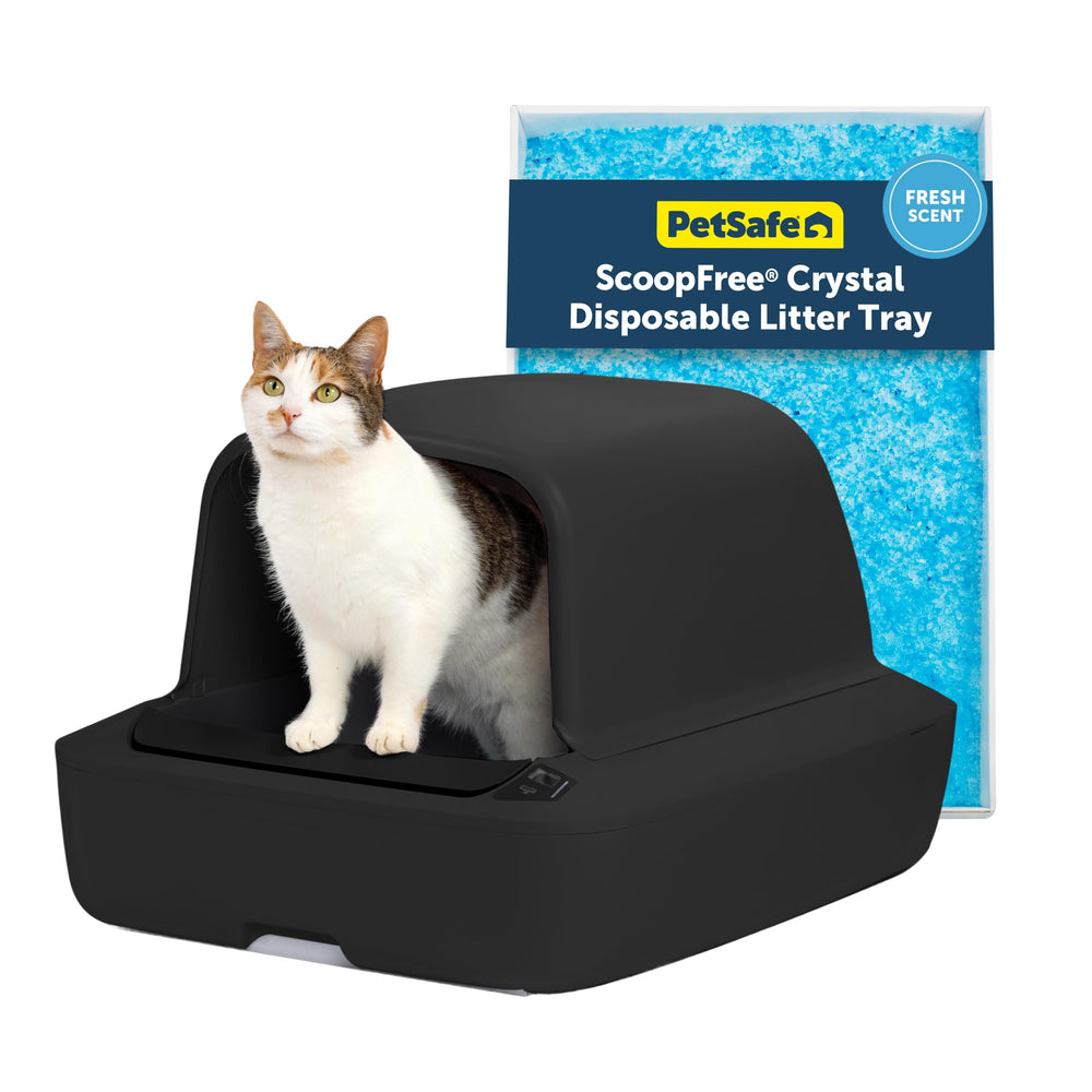 PetSafe ScoopFree Crystal Pro front view highlights a self-cleaning design with odor control.
