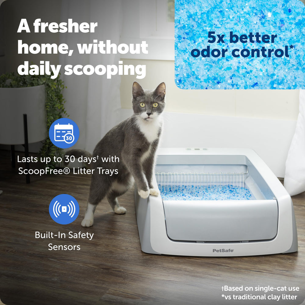 PetSafe ScoopFree Crystal Pro Legacy disposable tray lid demonstrates mess-free disposal and leak protection