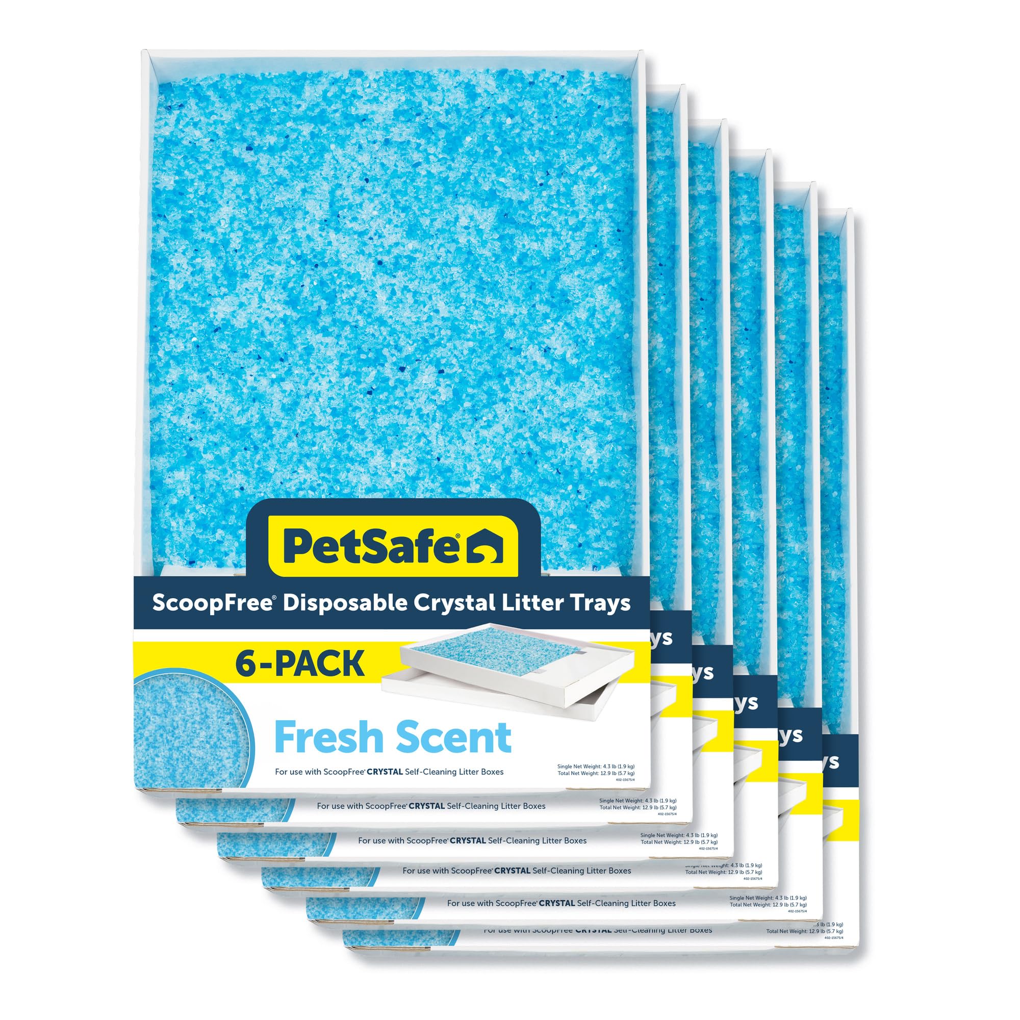 PetSafe ScoopFree disposable crystal litter tray packaging shows a convenient, pre-filled solution.