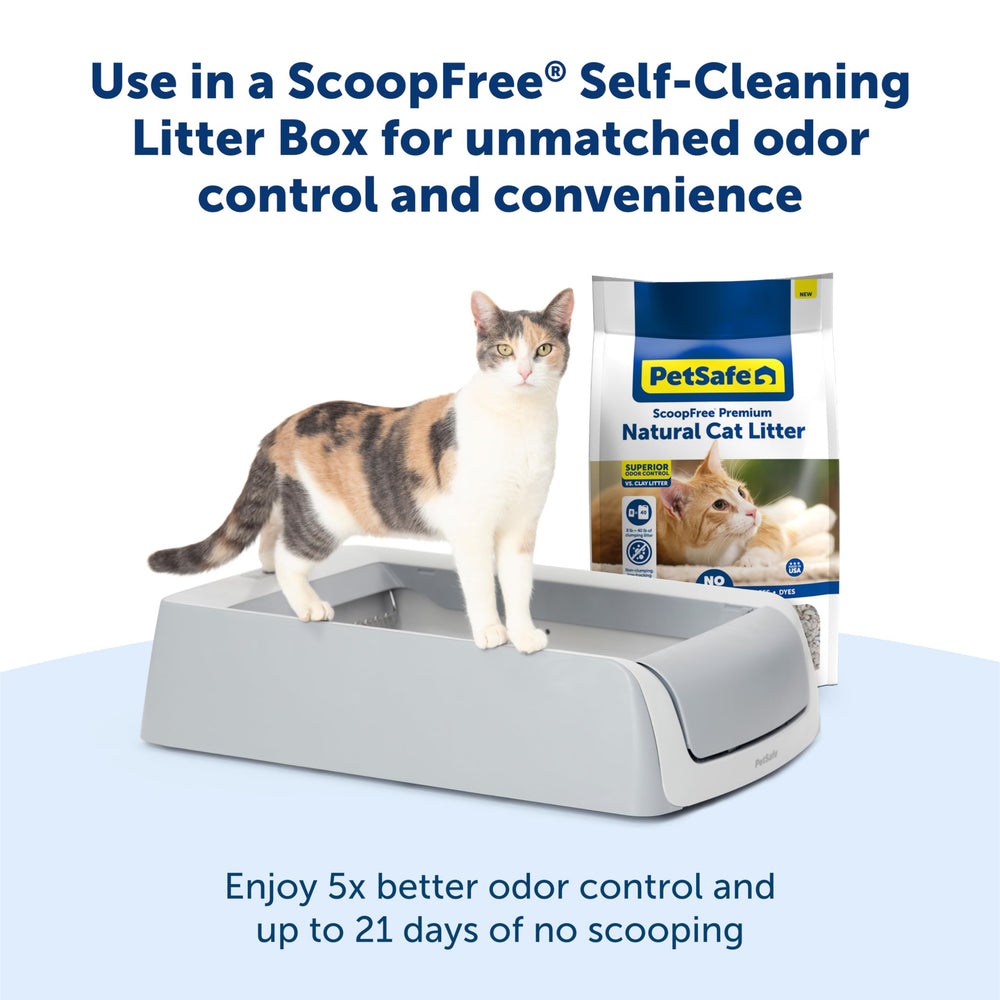 PetSafe ScoopFree Premium Natural Cat Litter low-tracking pebbles reduce mess in busy homes.