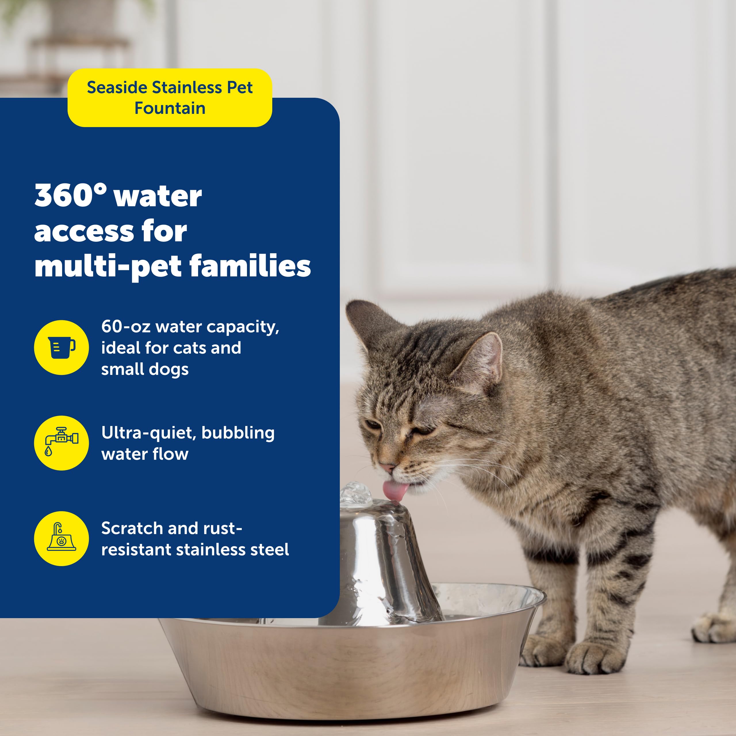 PetSafe Seaside fountain bowl and tower view highlights 360-degree drinking from any side.