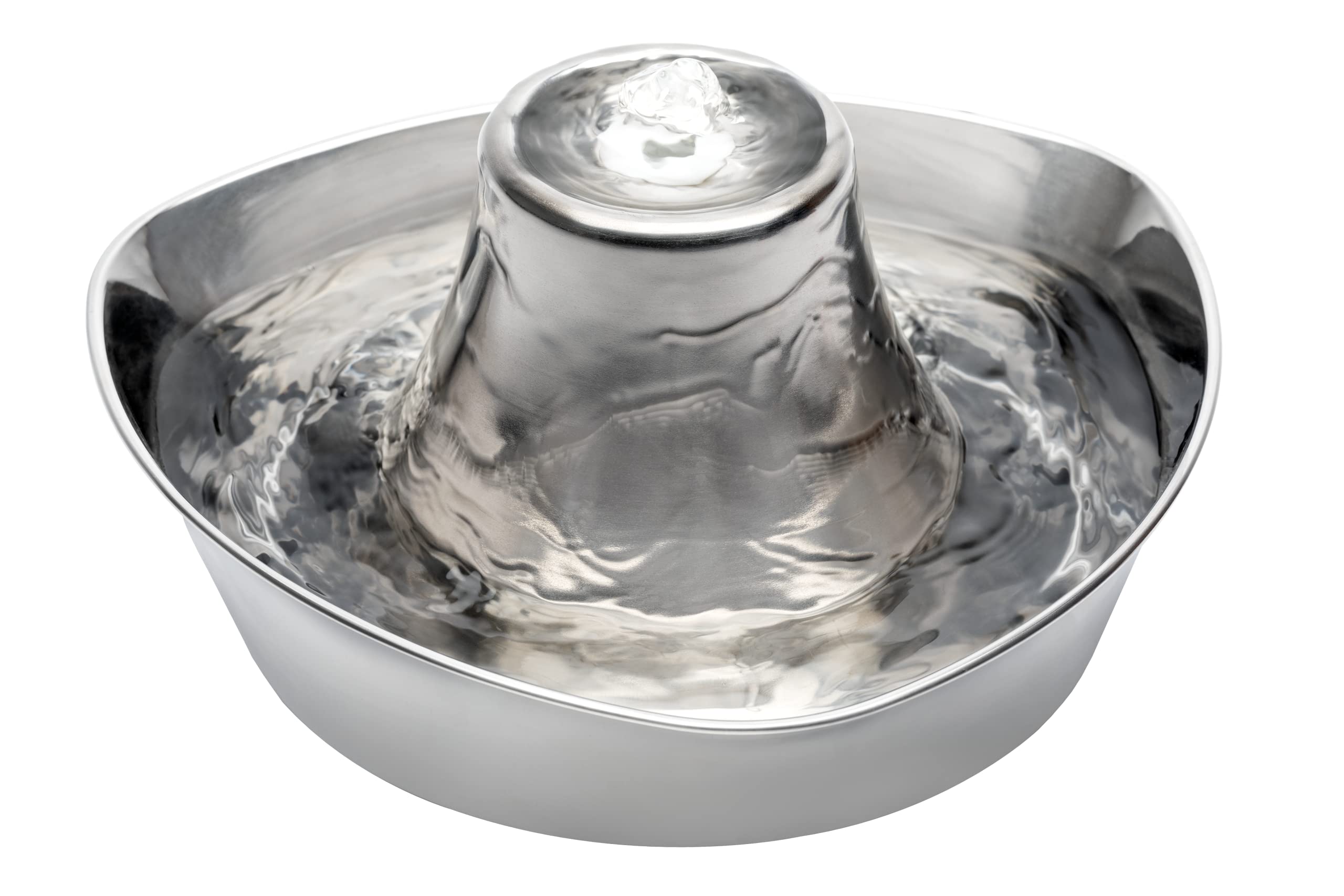 PetSafe Seaside fountain front view, sleek stainless steel and dual drinking angles for pets.
