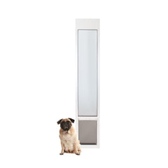 PetSafe sliding glass pet door panel shown in a living room setup for renters