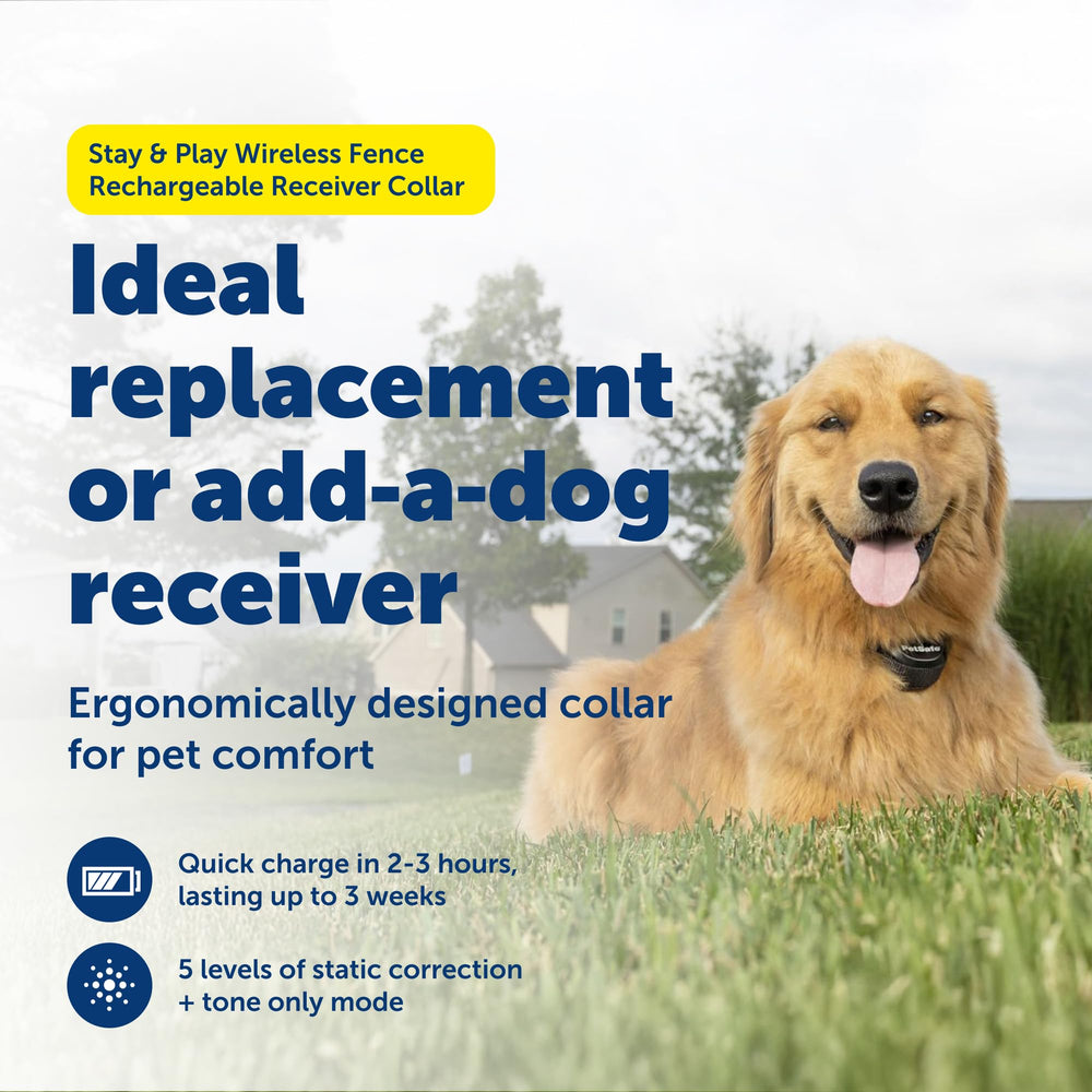 PetSafe Stay & Play receiver collar rechargeable battery lasts up to three weeks.