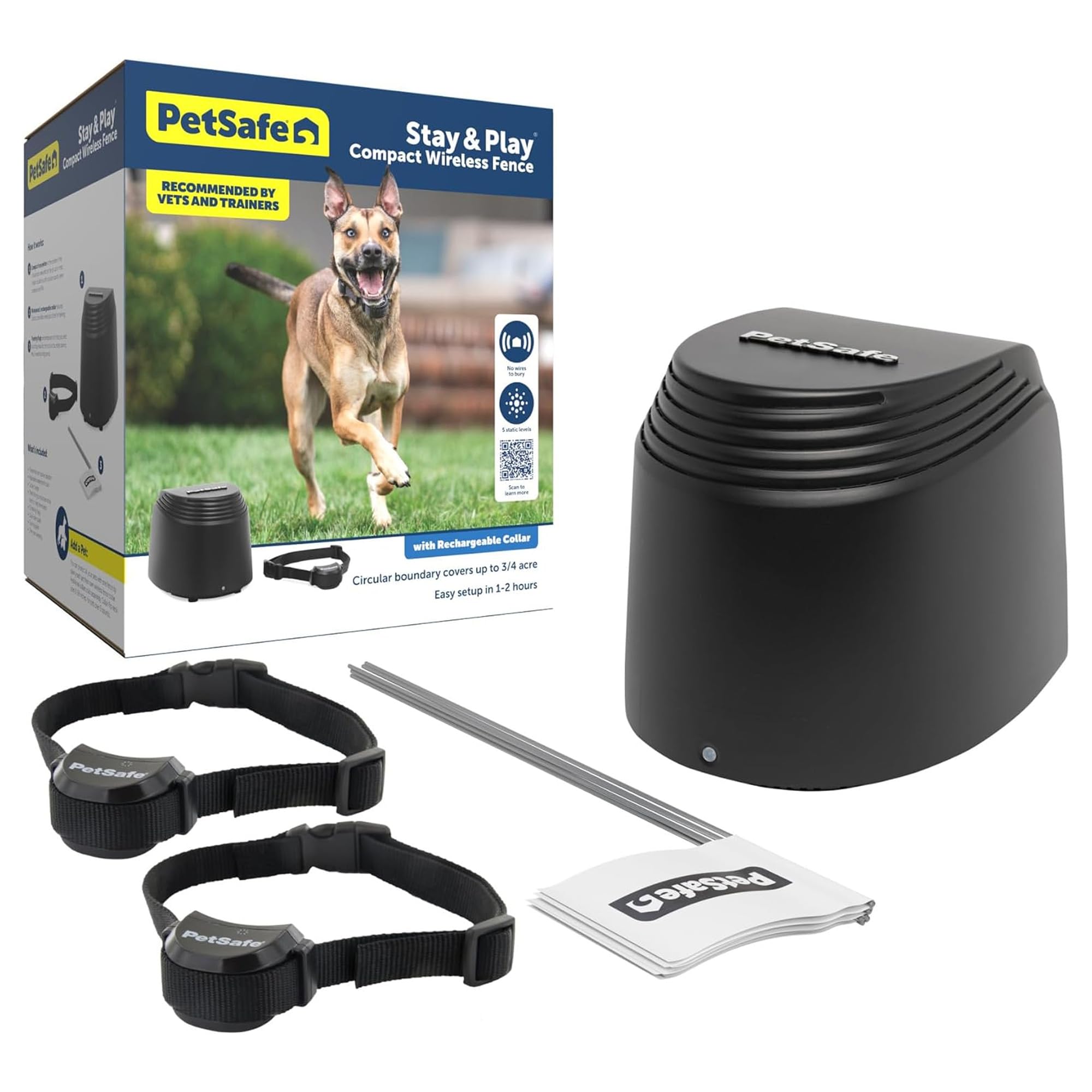 PetSafe Stay and Play transmitter unit with adjustable circular boundary for flexible yard protection.