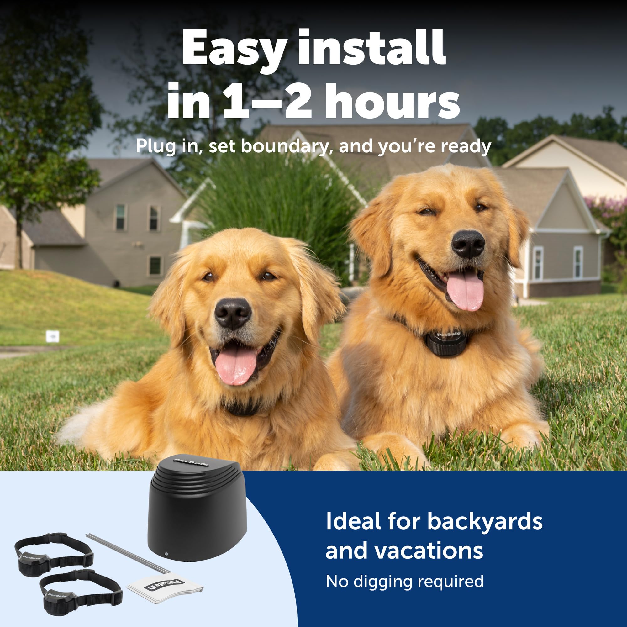 PetSafe Stay and Play waterproof collar worn by a dog in a yard setting.