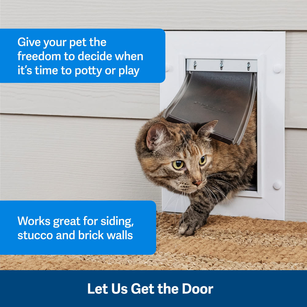 PetSafe wall-entry-frame-durability highlights rust-free, UV-resistant plastic.