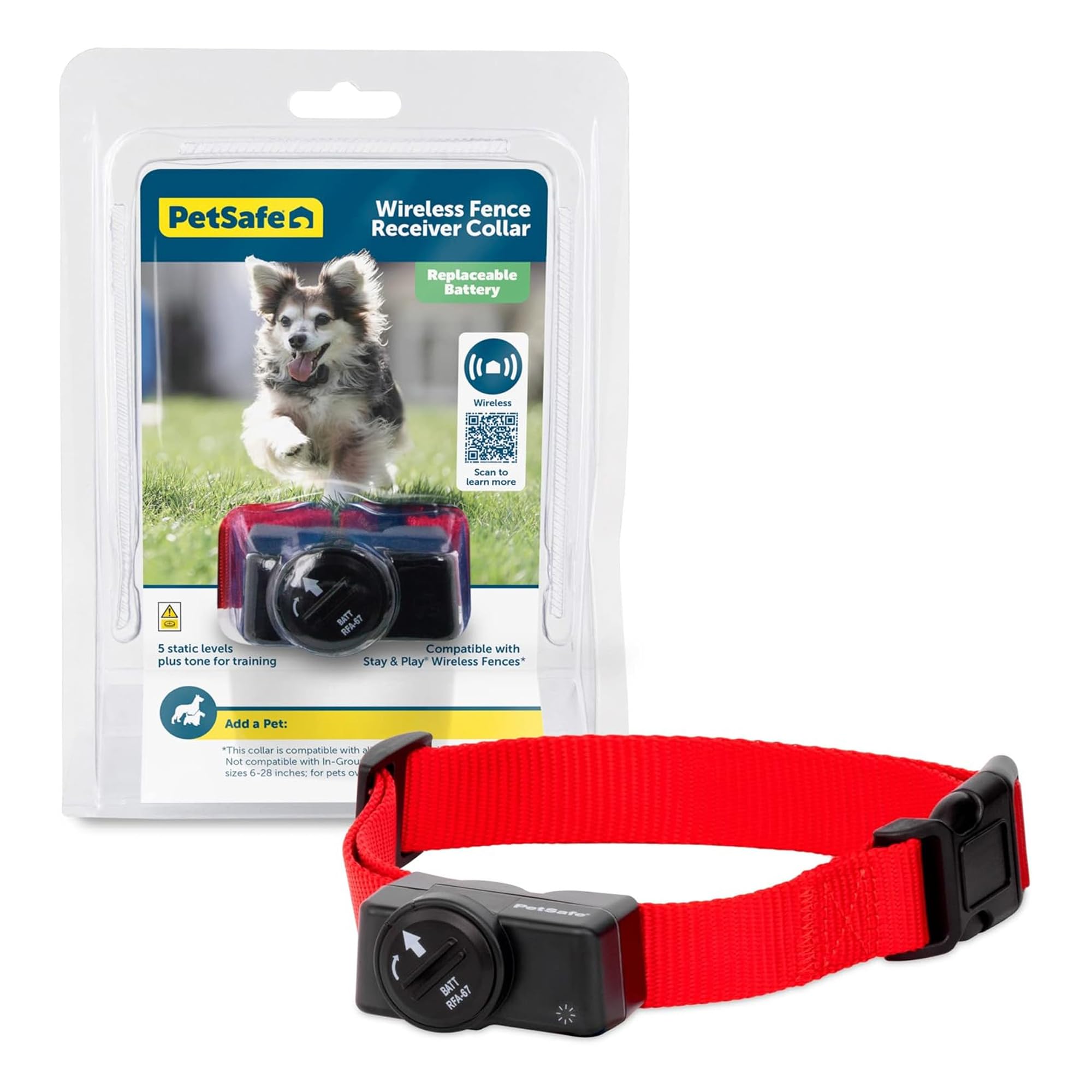 PetSafe wireless receiver collar for dogs and cats with tone and static options.