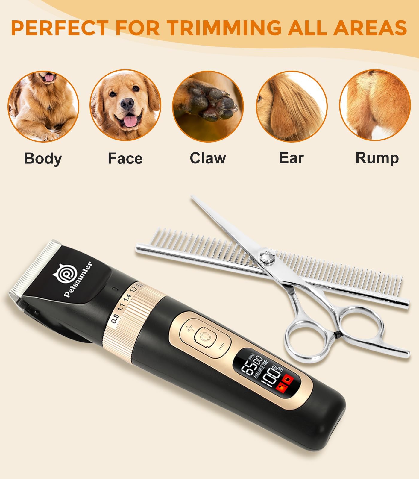 Petsaunter dog clippers offer 5 blade settings and 4 detachable combs for varied coats.