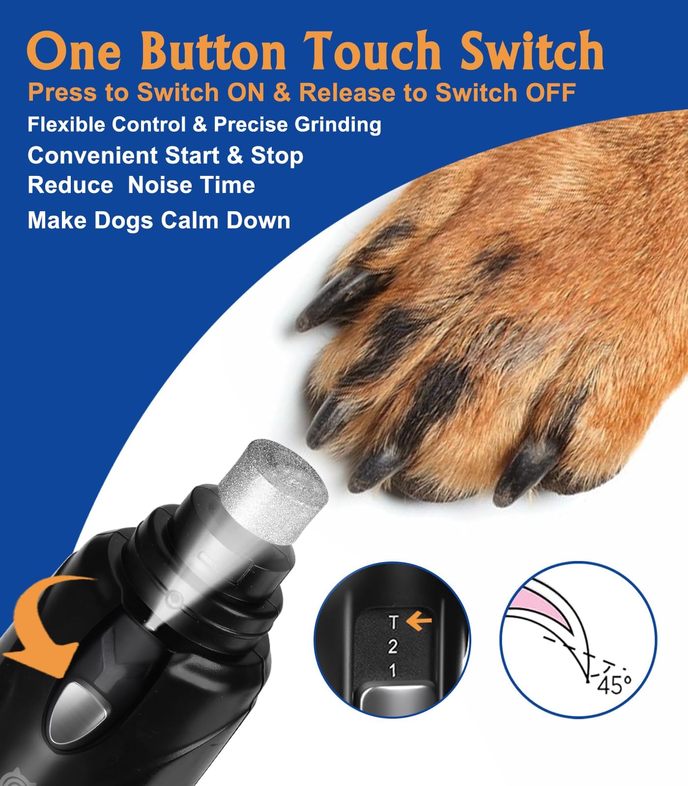 Petsaunter dog nail grinder with touch-switch for easy control.