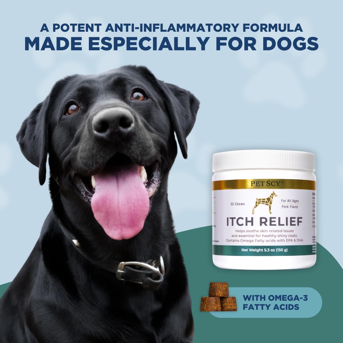 PetScy bottle with dosage scoop, convenient daily use.