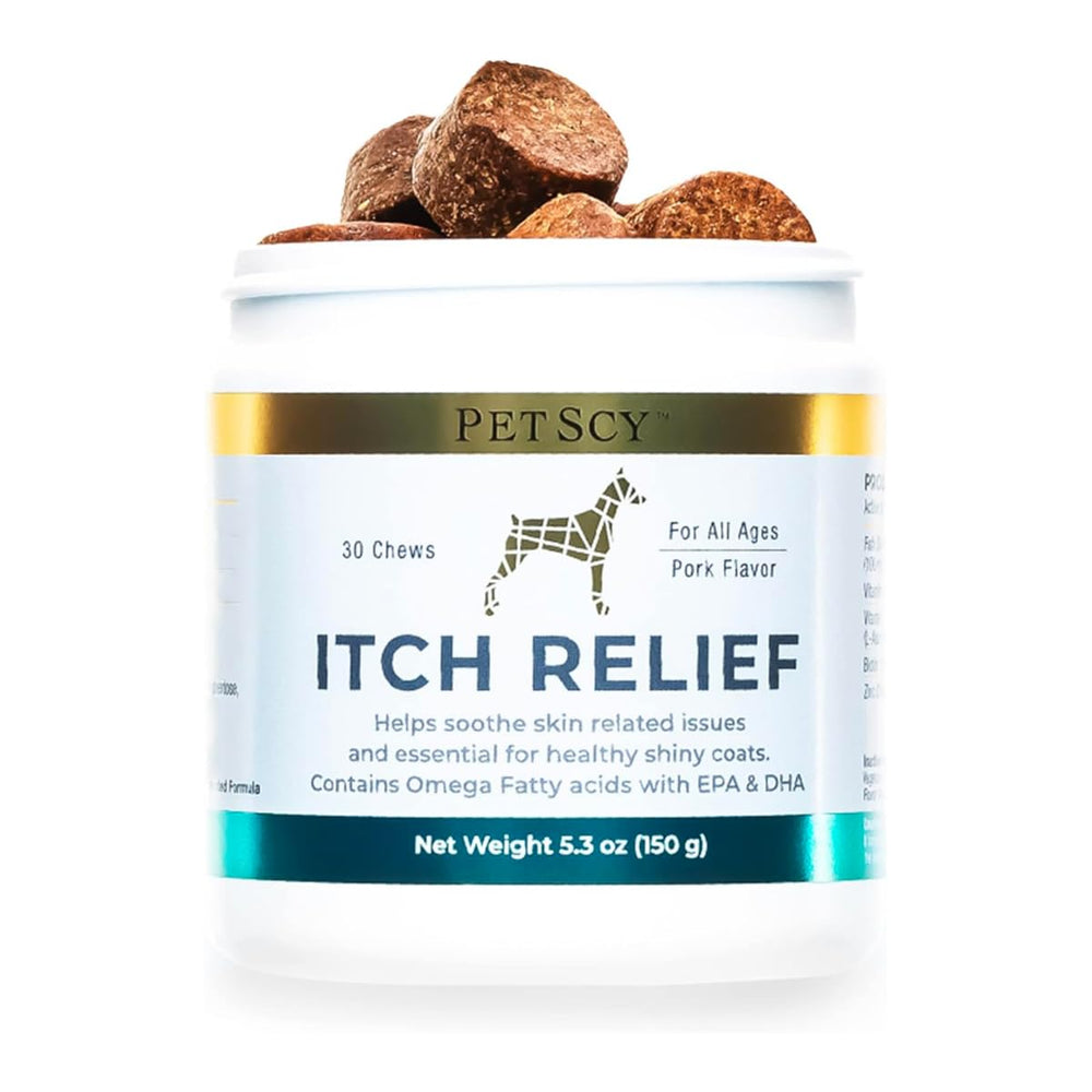 PetScy Dog Itch Relief Chews bottle close-up with pork flavor for skin support.