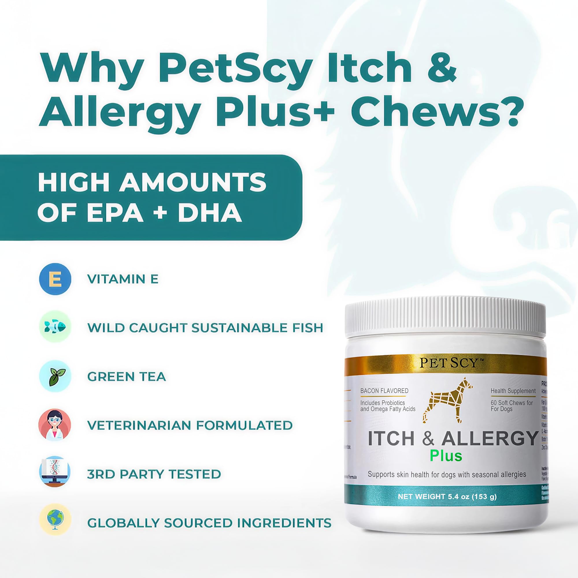 Petscy Itch & Allergy Plus promotes coat comfort and healthy fur in dogs.