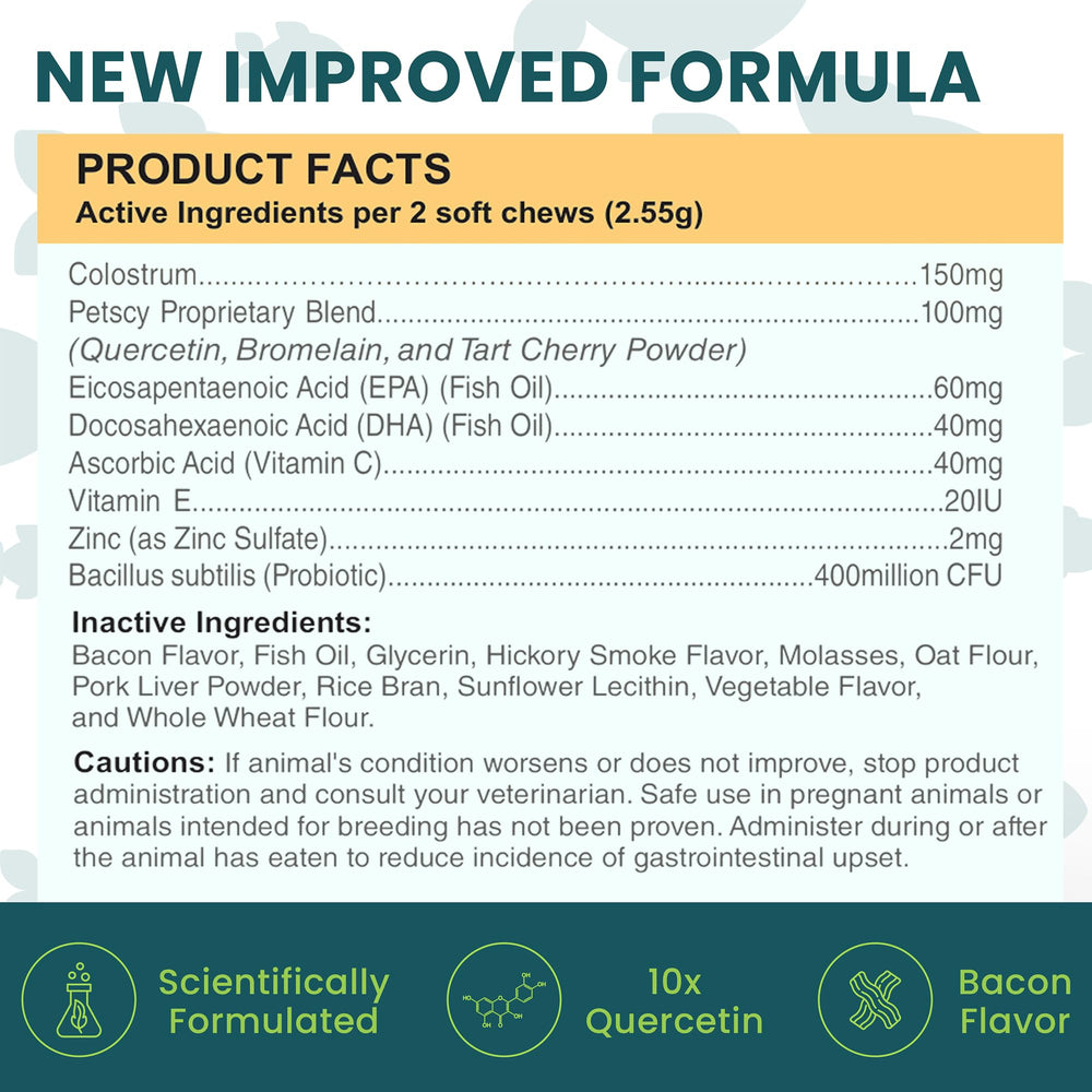 Petscy Itch & Allergy Plus colostrum 150mg supports immune-friendly skin healing.