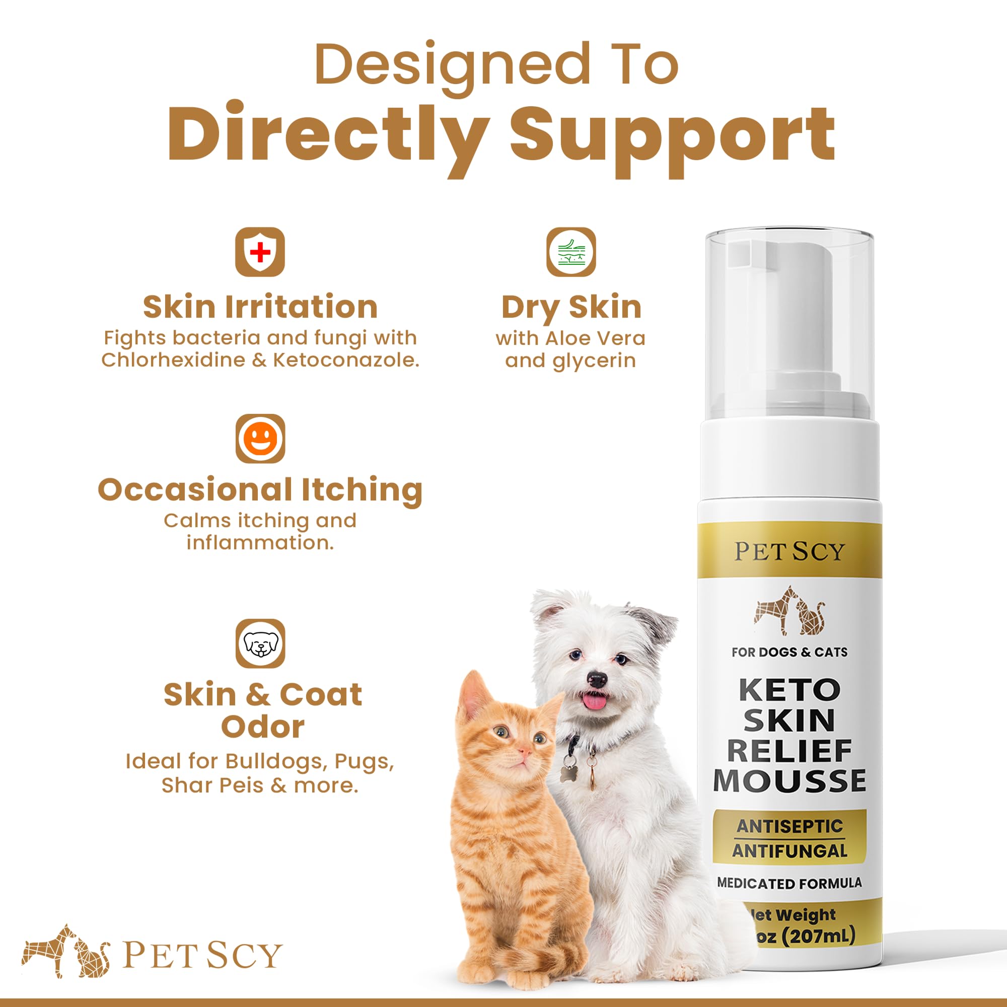 Petscy Keto Skin Relief Mousse dispenser pump demonstrates easy, mess-free application.