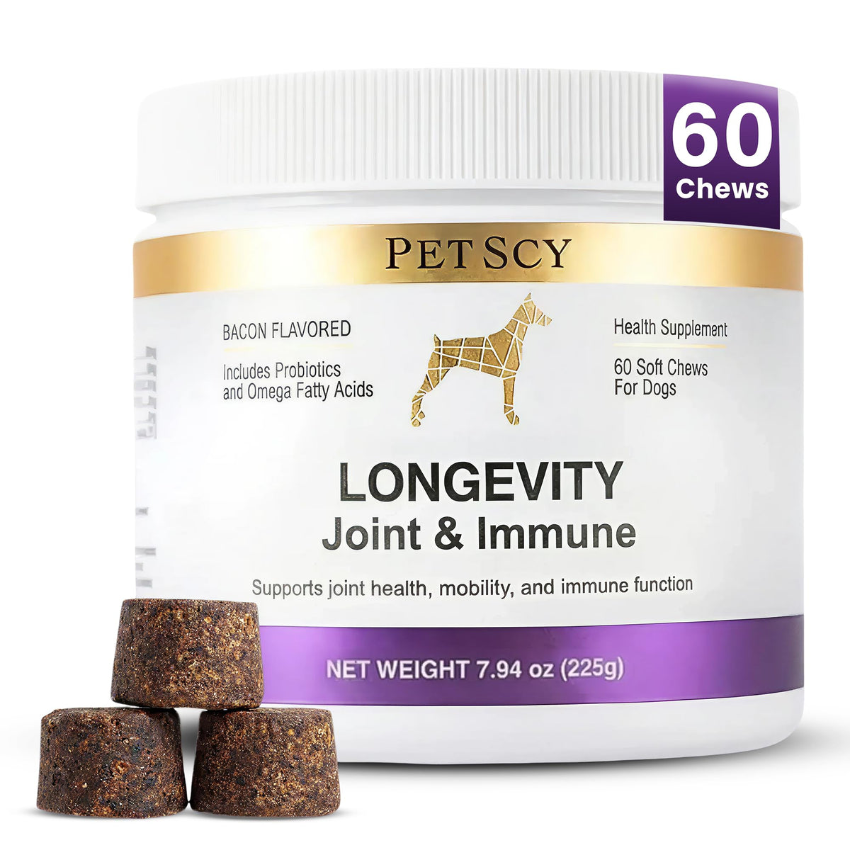 Petscy Longevity Hip Joint Chews—daily mobility support for small and medium dogs.