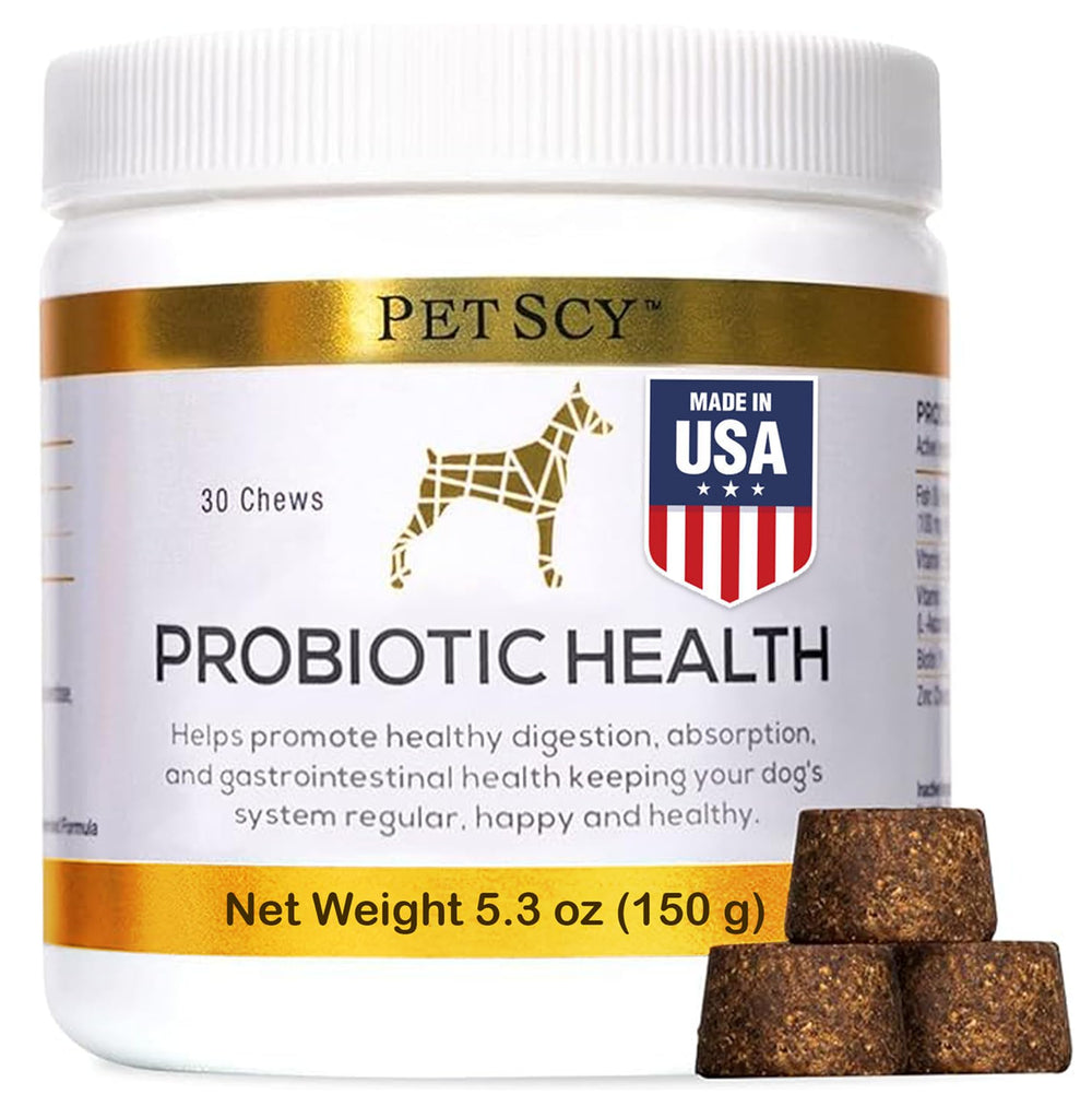 Petscy Probiotic Chews for Dogs bottle display promoting daily gut health.