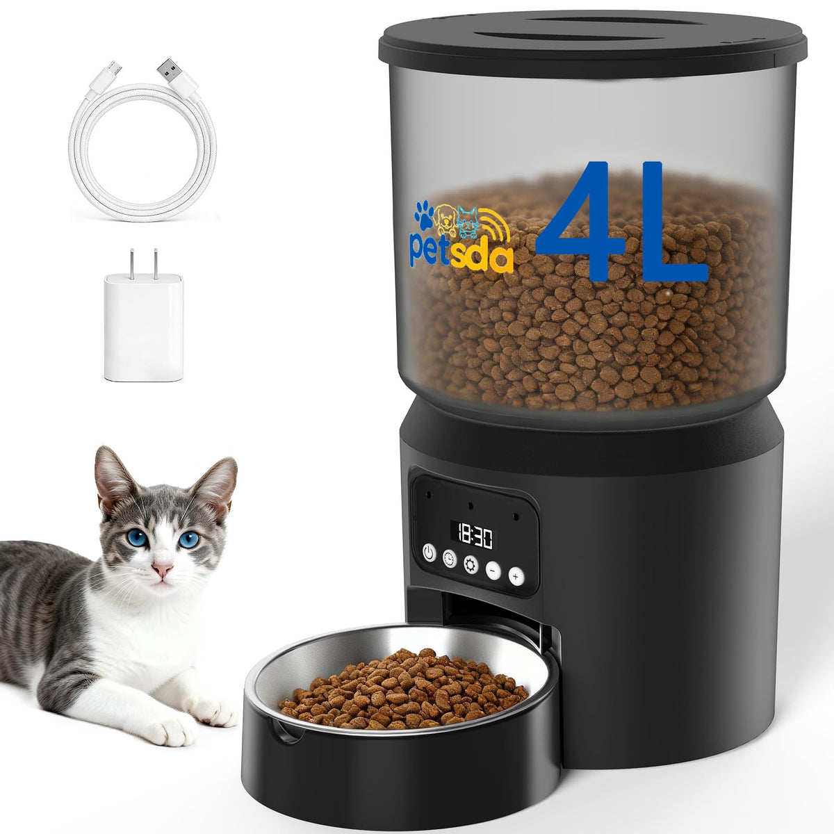 PETSDA automatic cat feeder front view showing compact, user-friendly design for meals.