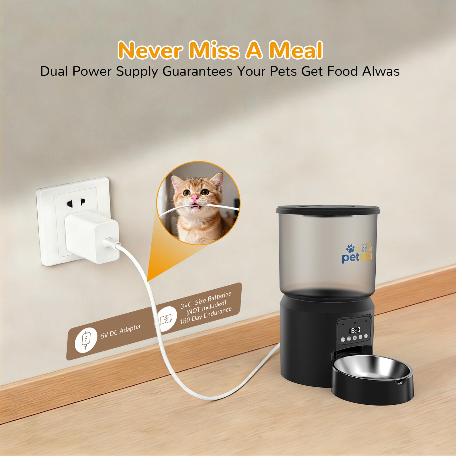 PETSDA programmable timer display for simple meal scheduling.
