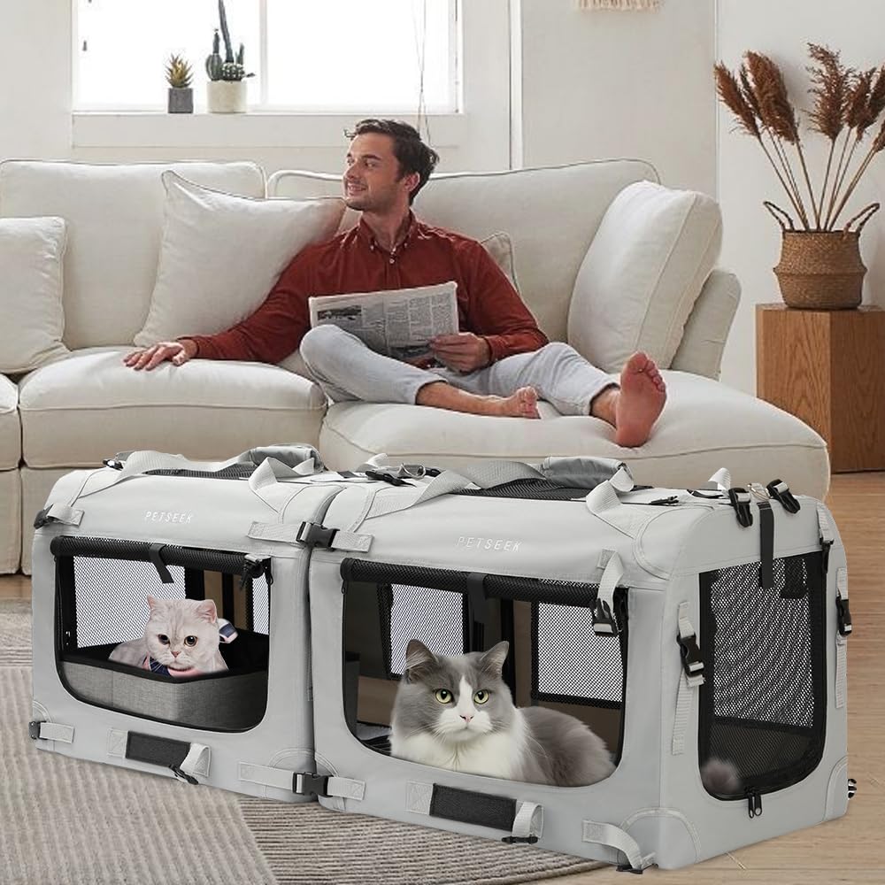 Petseek extra large carrier set up in car with seatbelt loops for secure travel.