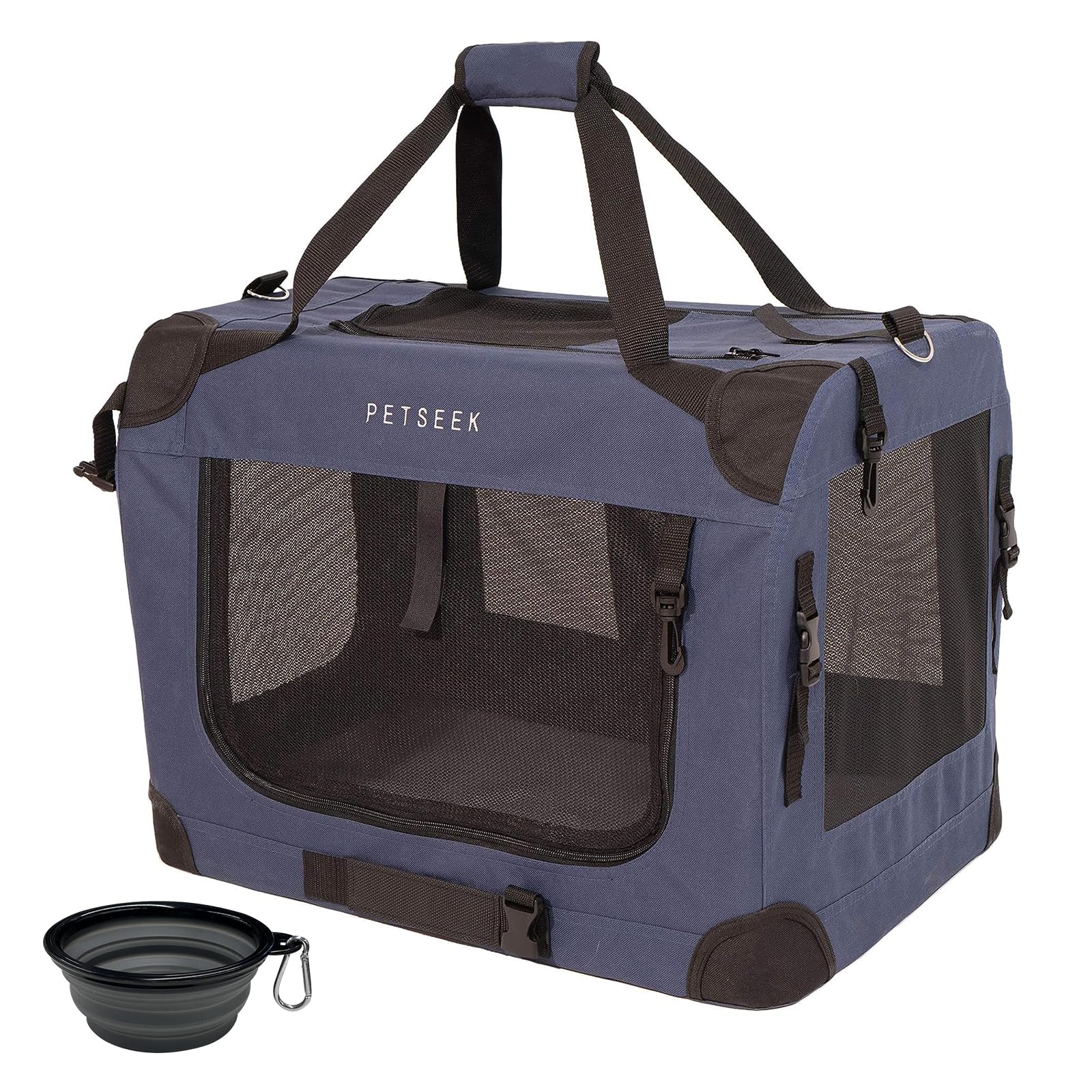 Petseek Extra Large Soft Sided Cat Carrier, front view, ideal for car travel with two cats.