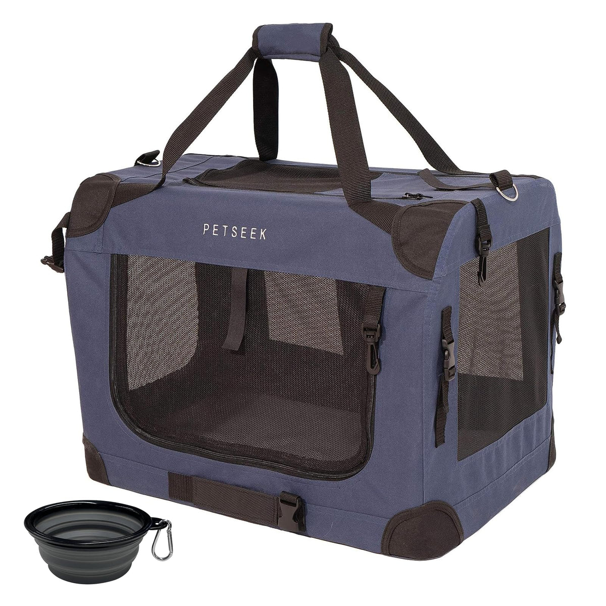 Petseek Extra Large Soft Sided Cat Carrier, front view, ideal for car travel with two cats.