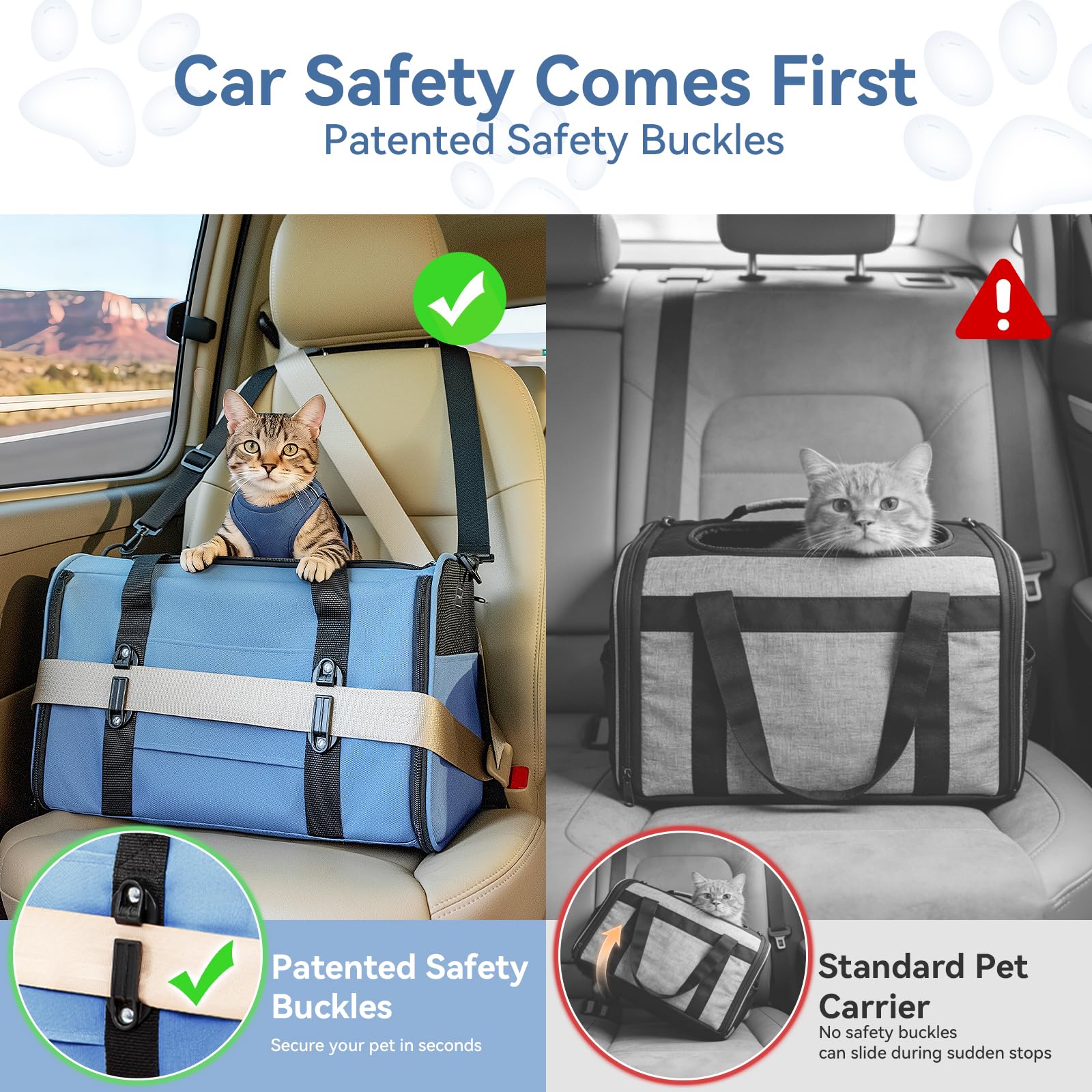 Petsfit carrier with patented safety buckles secures to car seats