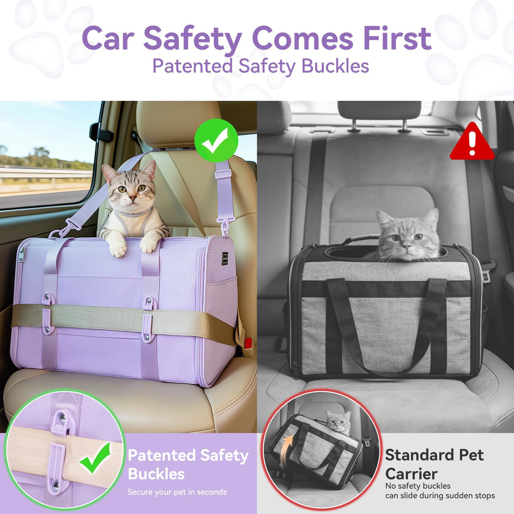 Petsfit cat carrier with patented safety buckles keeps secure during sudden stops