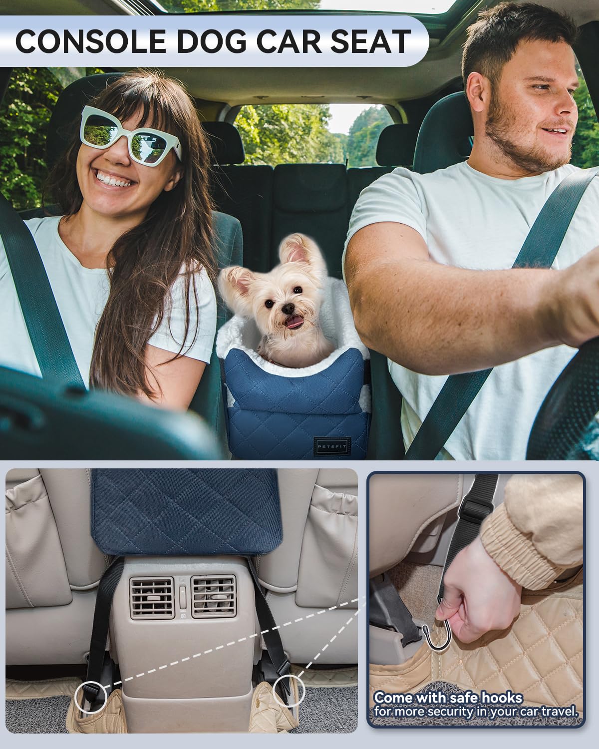 Petsfit center console dog car seat blue side view showing stability straps