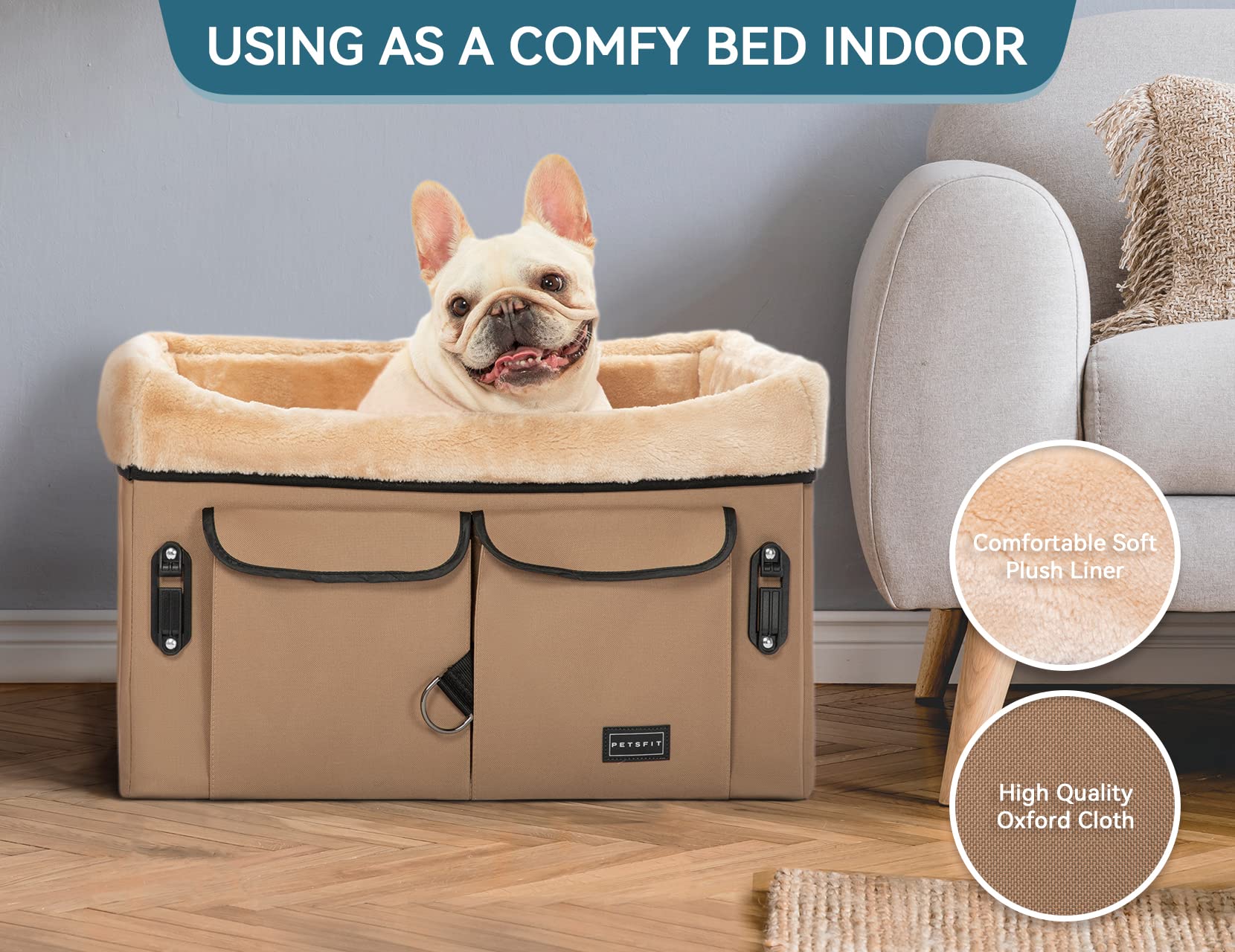 Petsfit booster seat protects car upholstery from hair and dirt.