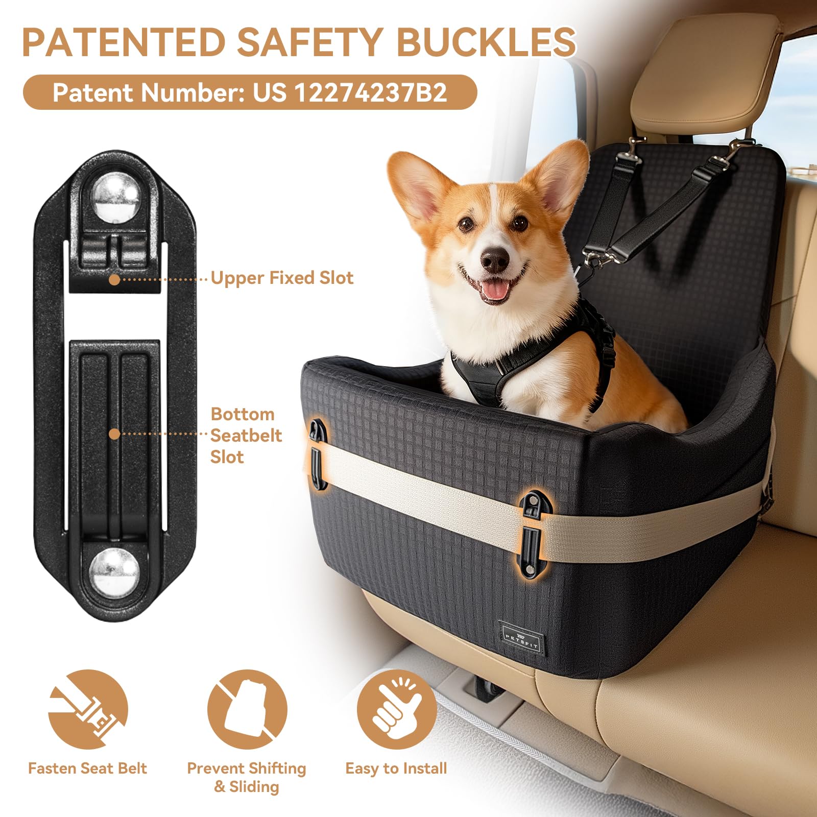 Petsfit booster seat side view highlighting safety buckles.